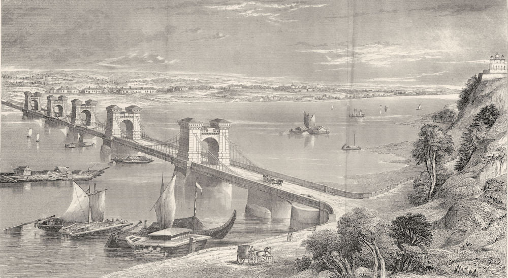 UKRAINE.Suspension Bridge across the Dnieper at Kiev 1880 old antique print